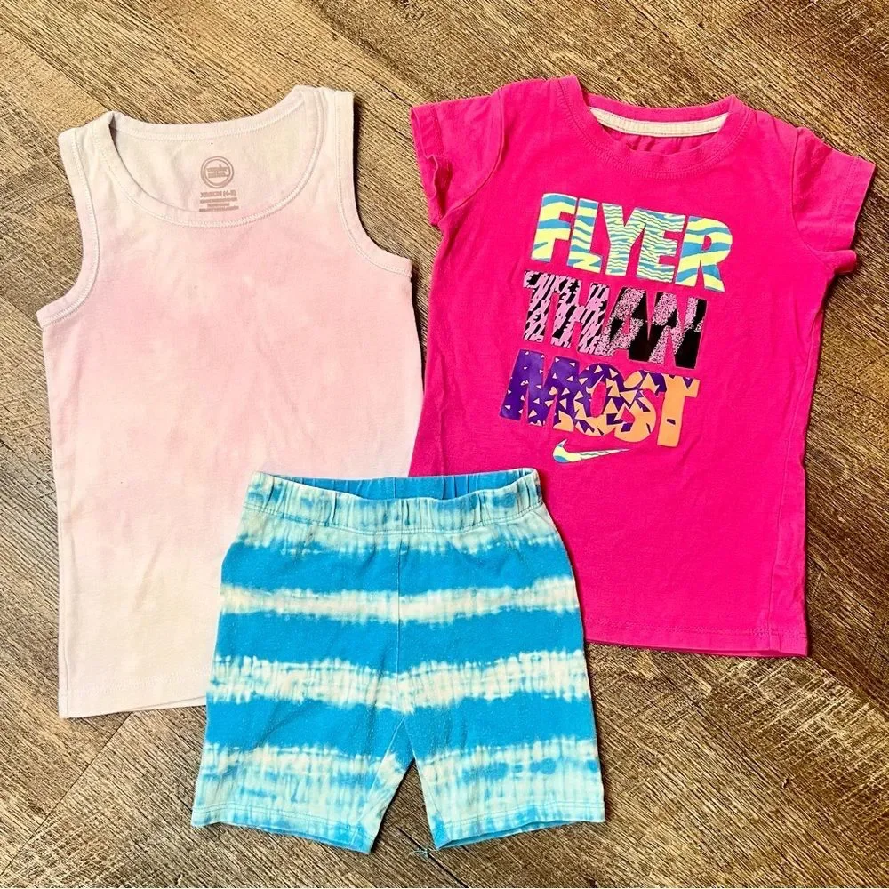 Nike Girls 4T 5 Summer Clothes Lot 3pc Shirt Tank Tie Dye Biker Shorts